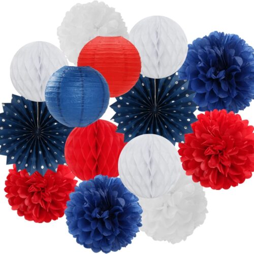 Fourth-4th of July-Imemorial Party-Decorations Lanterns - 14pcs Red White Blue Graduation Paper Streamers Fan,Tissue Pom Poms Streamer,Honeycomb Balls,USA Patriotic America Independence Decor Ouruola