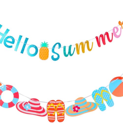 Hello Summer Banner Glitter Beach Patterns Banner Colorful Summer Pool Party Bunting Garland Banner With Rainbow Sign Summer Birthday Beach Party Decorations Supplies Indoor Outdoor Mantle Fireplace