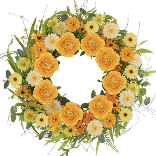 21.5 inch Sunflower Wreath for Front Door Yellow Peony Wreath with Silk Gerbera Daisy Flower and Wildflower Handmade Spring Summer Wreaths for Home Wall Wedding Farmhouse Porch Indoor Outdoor Decor