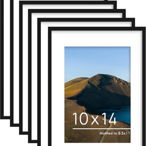 10x14 Picture Frame Set of 6, Display Pictures 8.5 x 11 with Mat or 10 x 14 Without Mat for Wall Mounting Display, Photo Frames Collage for Wall Decor, Black.