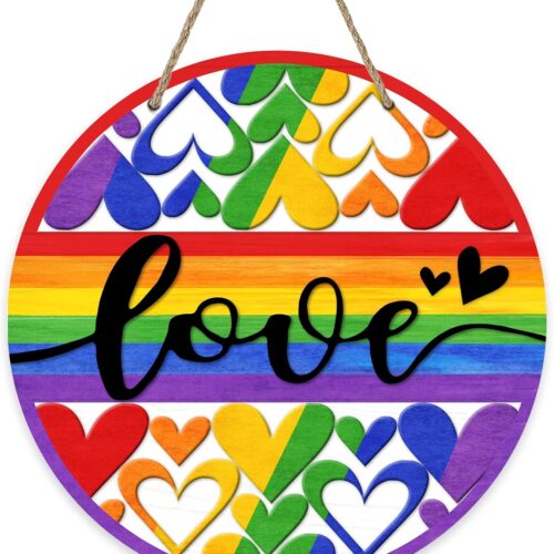 Gay Pride LGBTQ Rainbow Love Heart Front Door Sign, Lesbian Pansexual Bisexual Transgender Wood Door Hanger Outdoor Outside Porch Decor, Pride Month Wooden Wreath Indoor Wall Hanging Decoration