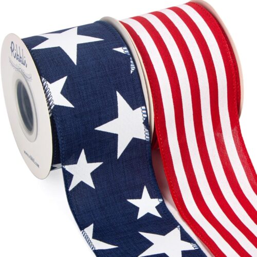 Patriotic Ribbon Wired,2 Rolls Navy Star and Red Stripe Burlap Ribbon,2-1/2 Inch Total 60 Feets(20 Yards),Patriotic Ribbon for Crafts,Wreath,4th of July Ribbon