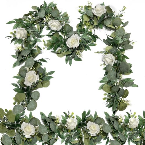 2 Pack 13Ft Artificial Eucalyptus Flower Garland with White Roses, Fake Rose Flower Greenery Garland Floral Vines for Wedding Home Party Table Runner Decor (White)