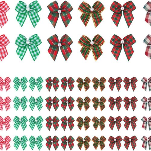 60pcs Mini Ribbon Bows with Pearl Ribbon Flowers Appliques DIY Craft for Sewing, Scrapbooking, Wedding, Gift,Christmas Decoration (red Green Plaid)