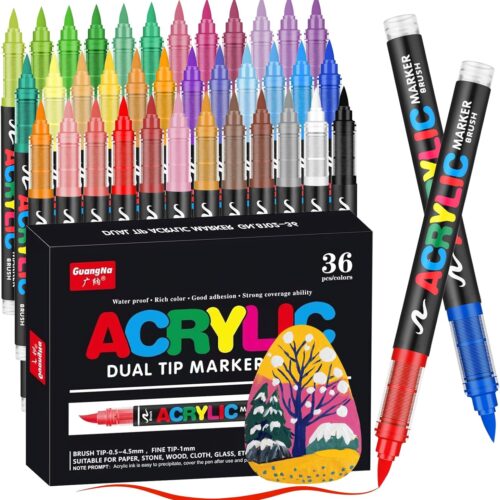 Acrylic Paint Markers Pens, 36 Colors Waterproof & Long-Lasting Ink, Brush Tip Acrylic Markers for Wood, Rock Painting, Glass, Canvas, Ceramic, Fabric, Plastic Art Crafts Supplies Kids Adult