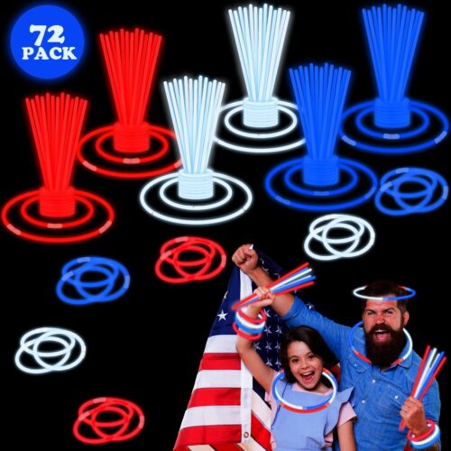 Fourth of July Accessories for Kids, 72 PCS Red White Blue Glow Sticks Party Favors Supplies, Patriotic Treat Goodie Gift Bag Stuffers, Light Up Party Toys Stuff Decor for 4th of July