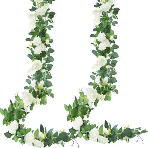 2Pcs 15.5Ft Artificial Rose Vine Fake Flower Garland Floral Garland Faux Silk Hanging Vine Rose Ivy Vines for Wedding Arch Party Wall Garden Ceremony Background Outdoor Decor (White)