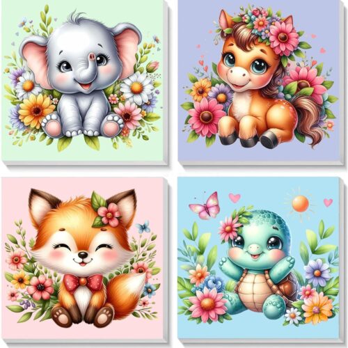 4 Pack Animal Paint by Number for Kids with Wooden Frame-Paint by Numbers for Kids Animals Ages 4-8-12,Easy Elephant Fox Sea Turtle Horse DIY Acrylic Oil Painting Kits for Home Wall Decor(8X8inch)