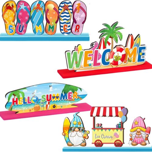Summer Table Sign Decorations Centerpieces 4 Pcs Wood Desktop Decor for Kitchen Home Party Supplies
