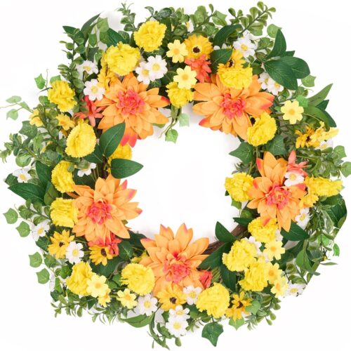 24Inch Spring Summer Wreath for Front Door, Fall Wreaths with Dahlias and Daisy, Flower Home Wreath Decor for Autumn Thanksgiving Farmhouse Outdoor Indoor