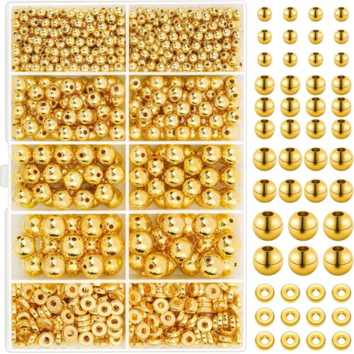 1250pc Gold Spacer Beads for Jewelry Making - Round & Flat Beads for Bracelets