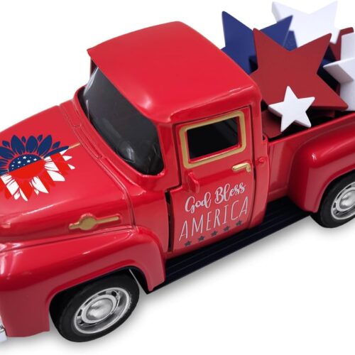 4th of July Decorations Farmhouse Metal Truck with Wooden Stars Sign Fourth of July Decor Patriotic Centerpieces for Tables Independence Day Memorial Day Red White and Blue Tiered Tray Decor for Home