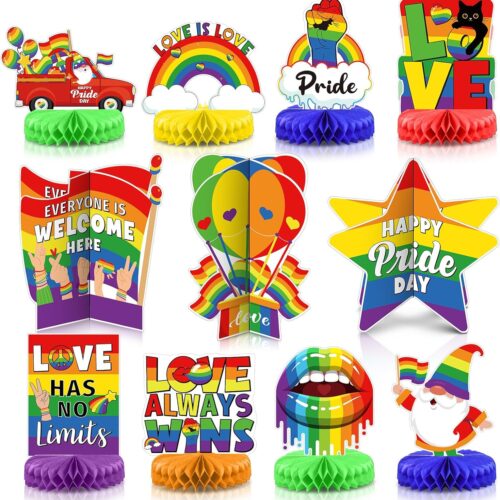 11 Pcs Pride Decorations 3D Rainbow Honeycomb Table Centerpiece Gay Pride Month Party Decorations Love Is Love Tabletop Toppers Rainbow Sign Decor for Office Classroom Home Lgbtq Party Supplies