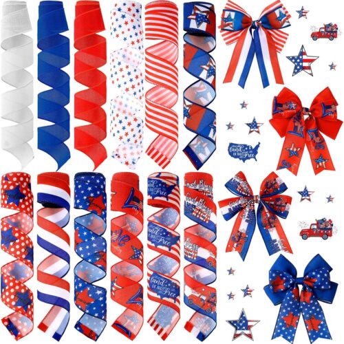12 Rolls 60 Yards 4th of July Patriotic Ribbon Stars and Stripes Burlap Wired Edge Ribbon White Blue Red Decorative Crafts for Independence Day Memorial Day Gift Wrapping DIY Bow Craft