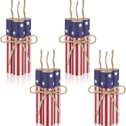 12 Pcs Patriotic Decor 4th of July Tiered Tray Decor Memorial Day Wooden Firework Sign Rustic Farmhouse Fourth of July Centerpieces Wood Block Sign Independence Day Decorations for Home Tables