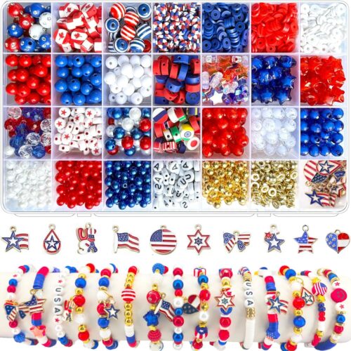 2100Pcs 4th of July Patriotic Beads for Bracelets Jewelry Making, Red White and Blue Beads Bracelets Beads Kit, Independence Day America Flag Clay Beads Heishi Stars Round Pearl Beads for DIY Craft