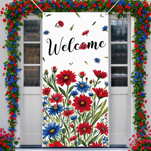 Welcome Door Cover Decorations Spring Summer Patriotic Flowers Front Door Banner Sign Hanging Door Decor for Memorial Day Patriotic Activity Holiday Home Party Indoor Outdoor 4th of July Supplies