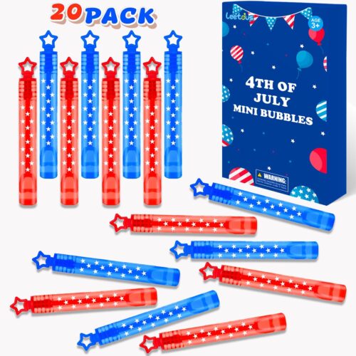 4th of July Bubbles Party Favors for Kids,20 Pack Fourth of July Red White Blue Mini Bubble Wand Toys Gifts for Toddlers,Patriotic Supplies Accessories Decorations Goodie Bag Stuff Trinkets for Pool