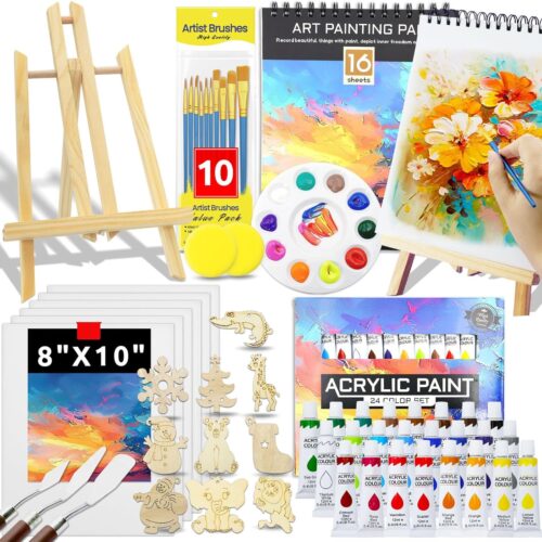 59 Pack Acrylic Paint Set 2025 Gift Professional Supplies with 24 Colors Acrylic Paint Wooden Easel Canvas Brushes Palette Book for Boys Girls Beginners Kids and Adults