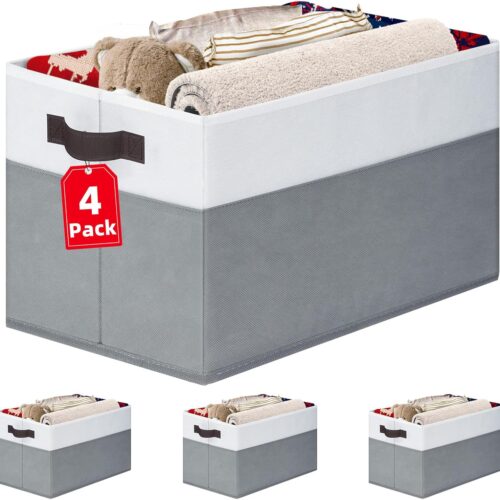 4 Pack Large Storage Baskets for Shelves | Fabric Closet Organizers and Storage Bins with Handles Home Organization | Decorative Collapsible Baskets for Organizing Clothes Toy Nursery 14"x10"