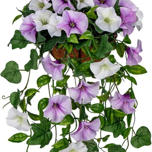 Artificial Hanging Flowers for Outdoors, Fake Hanging Morning Glory Plants & Flowers with Basket Silk Flowers Hanging Decor for Front Porch Home Garden Balcony Room Decor(White Purple)