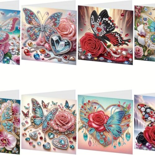 8pcs Flower Butterfly Diamond Art Painting Greeting Card, 5D DIY Special Shape Diamond Painting Christmas Birthday Mother's Day Father's Day Teacher's Day Greeting Card Creative Gifts