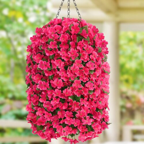 Artificial Hanging Flowers for Outdoors, Fake Hanging Plants with Baskets, Silk Faux Flowers UV Resistant for Planters Home Patio Porch Spring Summer Outside Decorations, Rose Red