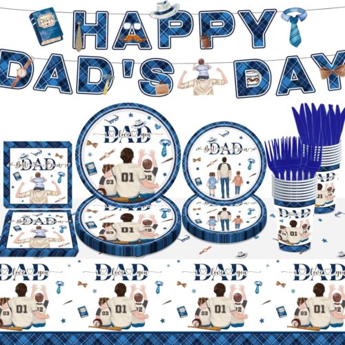 98PCS Happy Father's Day Party Supplies Fathers Day Tableware Set Best Dad Paper Plates Napkins Forks Knives Tablecloth Banner Fathers Day Party Decorations Disposable Dinnerware for 16 Guests