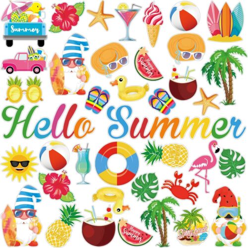 55 Pcs Hello Summer Window Gel Clings Hawaiian Thick Gel Clings Beach Window Stickers Removable Reusable Pool Gnome Ice Cream Sun Decals for Glass Home Classroom Nursery Summer Party Decor