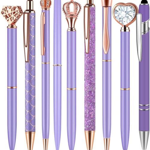 9Pcs Luxury Crystal Diamond Ballpoint Pens Set - Purple Glitter Metal Pens for Women, Elegant Wedding & Birthday Gifts, Journaling Supplies with Black Ink for School Office Desk
