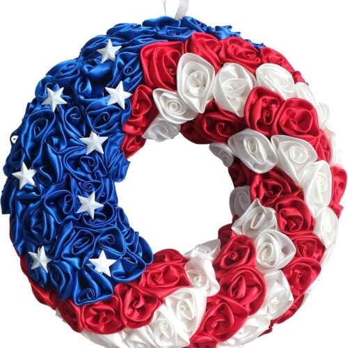 14 Inch Patriotic Roses Handcrafted Wreath, Artificial 4th of July Soft Touch Silk Roses and Metal Stars Wreath for Front Door, Memorial Day for Indoor and Outdoor