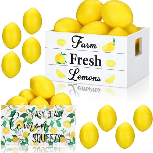 Lemon Mini Wooden Crate Summer Tiered Tray Decor with 8 Fake Lemon Decoration for Kitchen Home Table Decor Party Centerpiece Farmhouse Lemonade Kitchen Decorations
