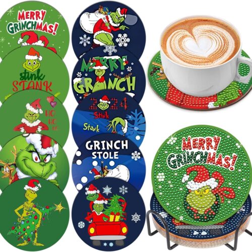 10 Pcs Christmas Diamond Painting Coasters Diamond Art Coasters with Holder, DIY Xmas Diamond Painting Kits for Adults & Beginners, Xmas Diamond Art Kits Craft Supplies