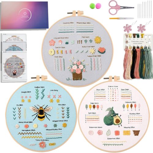 Embroidery Kit for Beginners Adults Cross Stitch Starter Kit Needle Point Supplies 33 Basic Stitches in 3 Set, DIY Craft Lover Starter Hand Stitch (Flower)