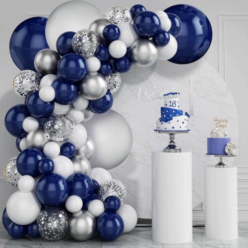 Navy Blue Silver Balloons Garland Kit, Navy Blue White Silver Confetti Balloons Arch Kit for Birthday Party Baby Shower Wedding Graduation Class of 2022 Prom Decorations……