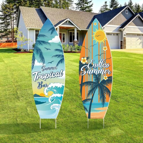 2 Pcs Summer Surfboard Yard Signs with Stakes 29.5 Inch Large Surfboard Lawn Decorations Summer Tropical Bar Outdoor Surfboard Sign for Swimming Pool Hawaii Surfing Party Supplies