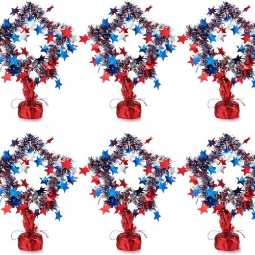 4th of July Table Centerpieces Metallic Plastic Patriotic Decorations Red Blue White Glitter Foil Star Shape Decor for Independence Day Memorial Day Party Desk Ornaments(6 Pcs)