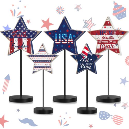 5 Pcs Patriotic 4th of July Standing Star Block Set Wooden Star Table Decoration Red White Blue Independence Day Wood Patriotic Decor Memorial Day Centerpieces for American Festival(Retro)