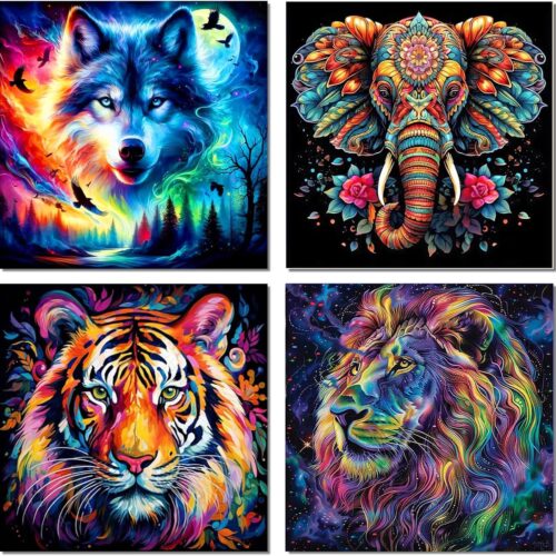 4 Pack Animal Diamond Painting Kits for Adults-Wolf Elephant Tiger Lion Diamond Art Kits for Adults DIY 5D Round Full Drill Gem Art and Crafts for Home Wall Decor Gifts 12x12 inch