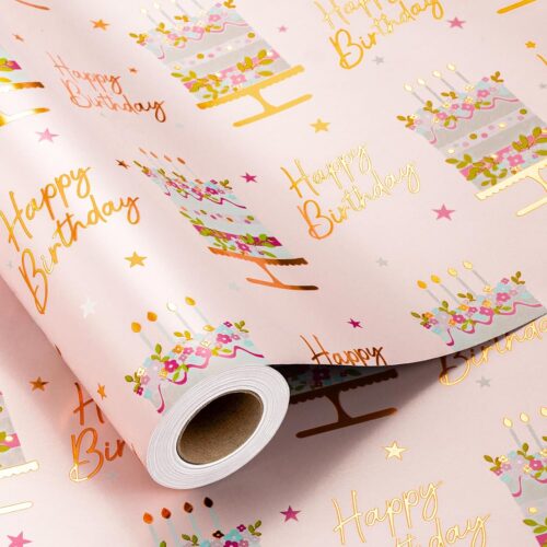 Birthday Cake Wrapping Paper Roll - 17 Inch X 33 Ft - Celebration Cake Design Paper Fun Candle Print w/Gold Shine Birthday Party Theme Gift Wrap Pastel for Wedding, Bridal Shower & Holiday