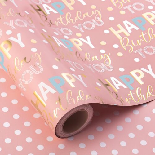 Reversible Pink Birthday Wrapping Paper Roll - 17 Inch X 33 Feet - Glitter Happy Birthday Lettering Metallic Foil Paper Girl Gift Wrap w/Polka Dot for Holiday Party Baby Shower Mother's Day