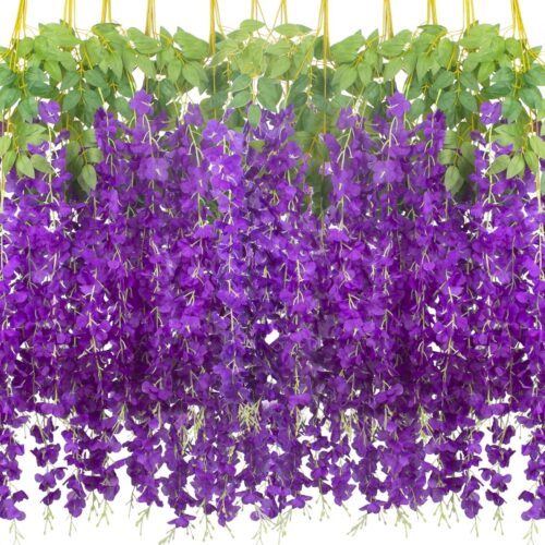 24 Pack Artificial Fake Wisteria Vine Ratta (3.75 Feet) Hanging Garland Silk Flowers String Home Party Wedding Decor (Blue)