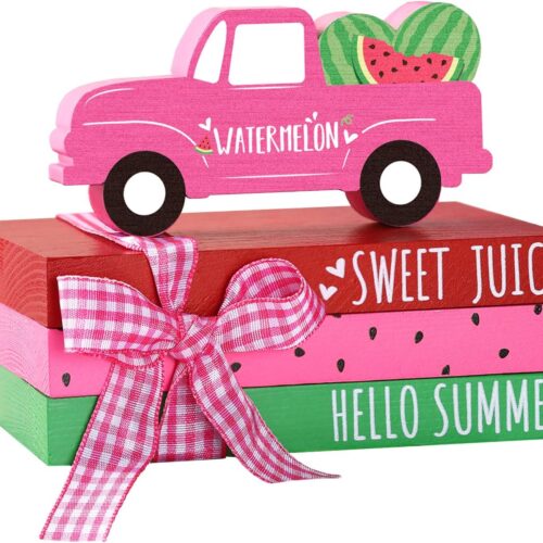 4pcs Summer Watermelon Tiered Tray Decor Summer Table Decorations Mini Wooden Decorative Book Stack Truck Watermelon Farmhouse Rustic Signs Shelf Tabletop Centerpieces for Home Office Kitchen