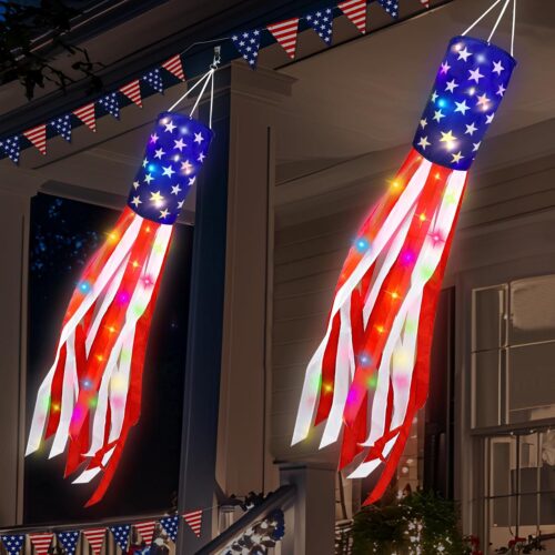 2 Pack 50 Inch Large American Flag Windsock with Lights 4th of July Decorations, Patriotic Fourth of July Outdoor Decor, Red White Blue Star Stripes Hanging Decorations Memorial Day Independence Day