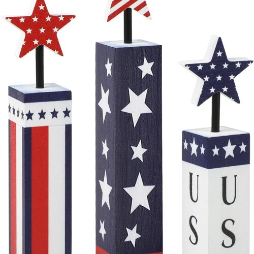 4th of July Decorations Set, Red White Blue Decor, Wooden Patriotic Memorial Day Tiered Tray Decor, Labor Day Decorations, Fourth of July Decoration for Home Office Table (Flag Printed)