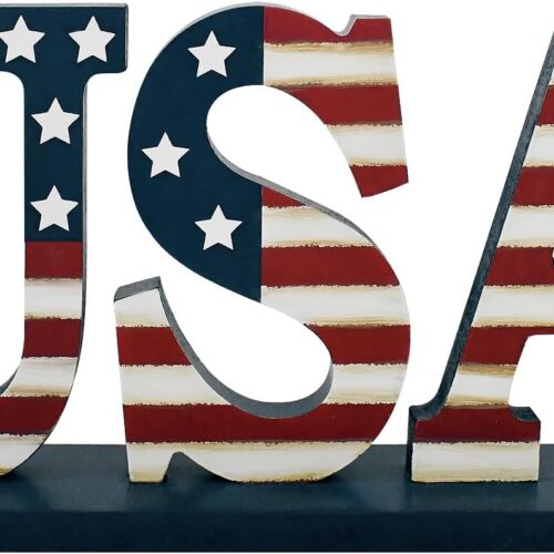 4th of July US Flag Wood USA Sign Table Decoration, Patriotic Tabletop Home Decor, Red White and Blue Cutout Block Letters Sign for Mantel Shelf Desk Fourth of July Independence Day