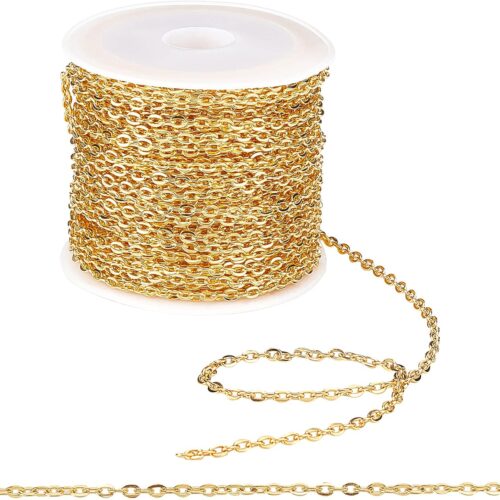 32 ft Necklace Chains Golden Iron Cross Chains Link Flat O-Shaped Cable Chains Craft Jewelry Chain for DIY Necklace Bracelet Jewelry Making, 3x2.2x0.6mm