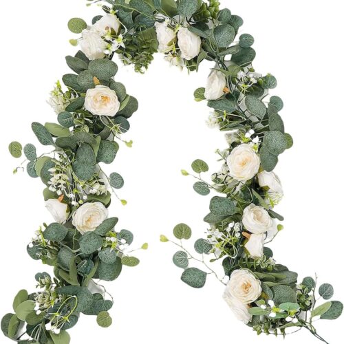 2 Pack 5.9Ft Artificial Eucalyptus Garland with Flowers Fake White Rose Vines Greenery Garland Hanging Plants Decor for Wedding Arch Centerpiece Party Table Backdrop Decoration