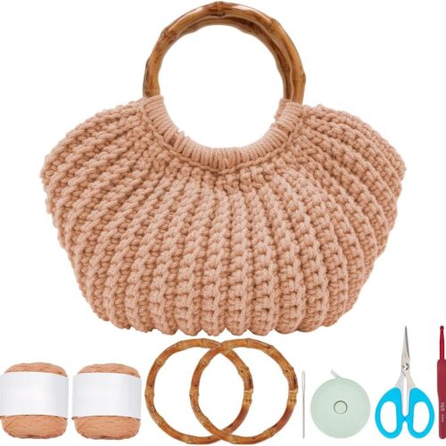 Crochet Bag Kit for Adults Khaki Handbag Crochet Kit for Beginners Tote Bag Starters Set DIY Craft Making Kit with Step-by-Step Instructions and Video Guidance Mother's Day Gifts