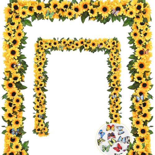 2 Pack Artificial Sunflower Garland Decor, Sunflower Vines Hanging Flowers Garland with Green Leaves, Fake Yellow Floral Vines Room Wedding Party Decoration